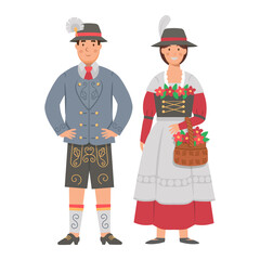 Cartoon men's and women's German suit, character for children. Flat vector illustration