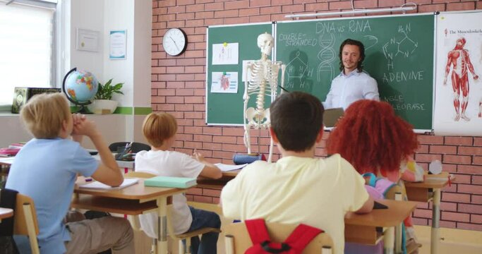 Handsome Caucasian young male teacher of anatomy or biology explaining human body and bones on scelet model to pupils. At school. Education concept. Indoor. Interesting knowledge.