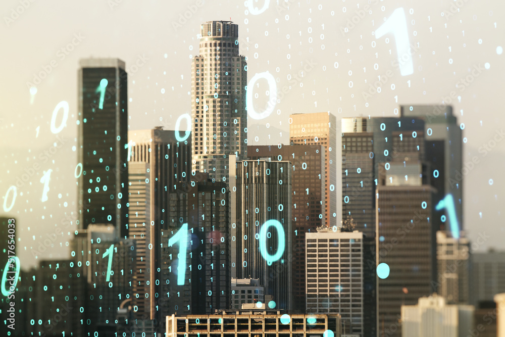 Poster abstract virtual binary code sketch on los angeles office buildings background, hacking and matrix c
