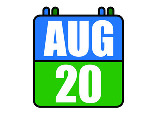 20 August calendar. Blue and green calendar page for August days. Vector isolated on white background.