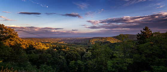 Beautiful hilly landscape at sunset. Fruska Gora, travels in northern Serbia. panoramic shot