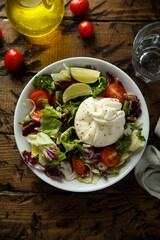 Healthy green salad with tomato and burrata cheese