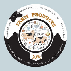 ows, milk can, sun, clouds and flowers. Round background for the design of agricultural products.