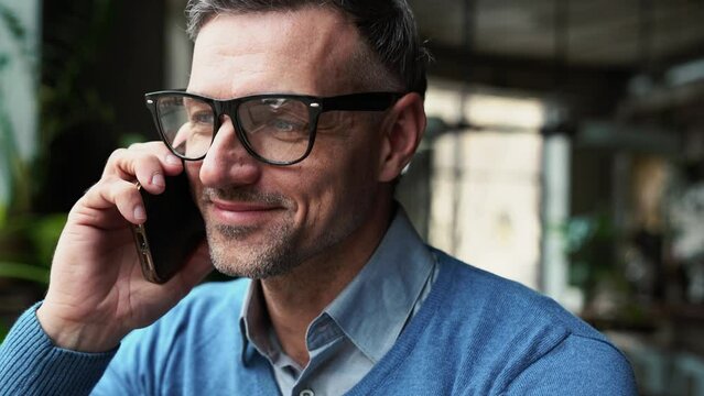 Handsome grey haired man talking on mobile while sitting in cafe