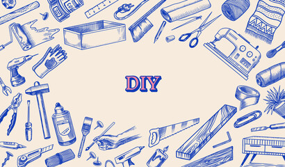 DIY Background. Hardware Shop concept. Glue, wood planks, sewing machine. Tools or instruments for home renovation. Banner poster template. Do it yourself. Engraved doodle vintage sketch hand drawn. 