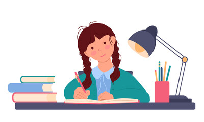 Fototapeta premium Little girl is sitting on a chair at the table and writing in a notebook. Schoolgirl doing homework. There is a lamp on the table and there are books. Illustration in flat style on a white background