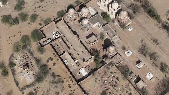 Aerial Overhead View Of Dome Rooftop Masjid At Derawar Fort. High Angle, Dolly Forward, Tilt Down