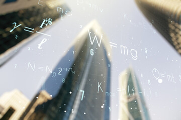 Scientific formula hologram on blurry cityscape background, research concept. Multiexposure
