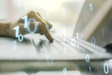 Creative abstract binary code sketch and hands typing on computer keyboard on background, hacking and matrix concept. Multiexposure