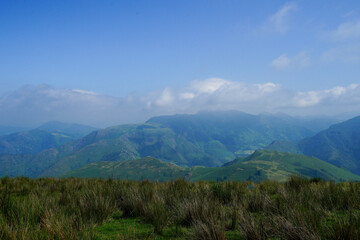 Fototapeta na wymiar Panorama sur la chaîne des Pyrénées depuis le sommet de la montagne Artzamendi, à Itxassou, au Pays Basque
