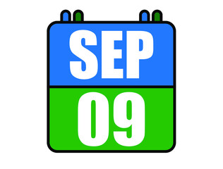 9  September calendar. Blue and green calendar page for September days. Vector isolated on white background.