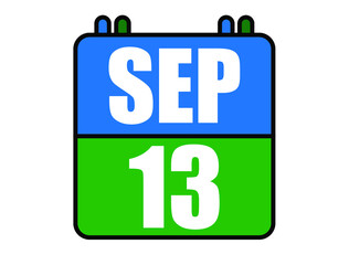 13 September calendar. Blue and green calendar page for September days. Vector isolated on white background.