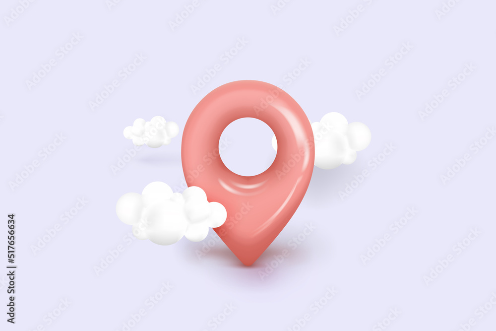 Poster 3d map location point marker of map or navigation pin icon sign on isolated cloud background. 3d pin