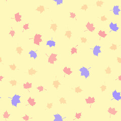 Fototapeta na wymiar Seamless vector pattern with pink, blue and brown maple leaves on a light background. Modern trendy botanical texture for fabric print, wrapping paper