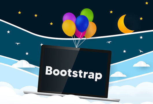  Balloons carries laptop with word Bootstrap.  Bootstrap CSS framework .