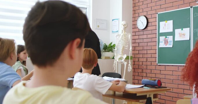 Caucasian young female teacher of biology handing papers shits with tests to pupils. Exams at school. Examination concept. Biological or chemistry test for children at class. Education.