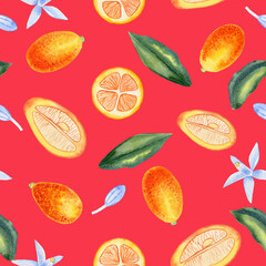 Kumquat fruits whole and cut seamless watercolor pattern. Flowers and leaves of citrus tree endless background. For textiles and packaging paper. Summer print.