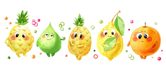 Watercolor set of cute  fruit.  Illustration with funny characters. Orange, lime Pineapples and lemon. isolated on a white background. - 517658051