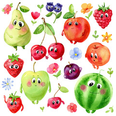 Watercolor set of cute  fruit and plant.  Illustration with funny characters. Green and red apple, pear, cherries, raspberry, strawberry, peach, watermelon and flowers, isolated on a white background.