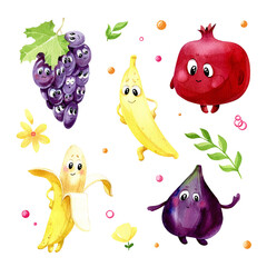 Watercolor set of cute  fruit and plant.  Illustration with funny characters. Grapes, pomegranate, fig and bananas. isolated on a white background. - 517658054
