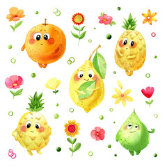 Watercolor set of cute  fruit.  Illustration with funny characters. Orange, lime, Pineapples, lemon and flowers. isolated on a white background. - 517658058