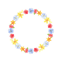 Watercolor hand drawn summer frame. Cute multicolored flowers, isolated on a white background.