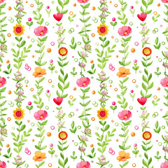 Watercolor floral seamless pattern. Cute  flowers, herbals, leaves and confetti, isolated on a white background.