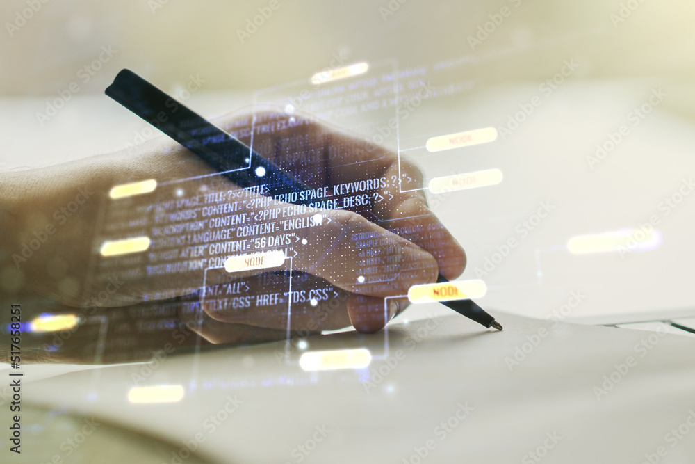 Poster abstract creative coding concept with man hand writing in notebook on background. multiexposure