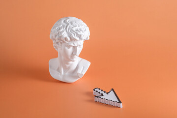 Michelangelo's david statue bust looking roman and mouse cursor on orange bright background and...