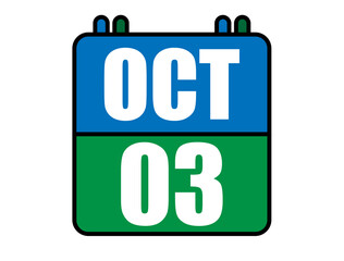 3 October calendar. Blue and green calendar page for October days. Vector isolated on white background.