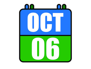 6 October calendar. Blue and green calendar page for October days. Vector isolated on white background.