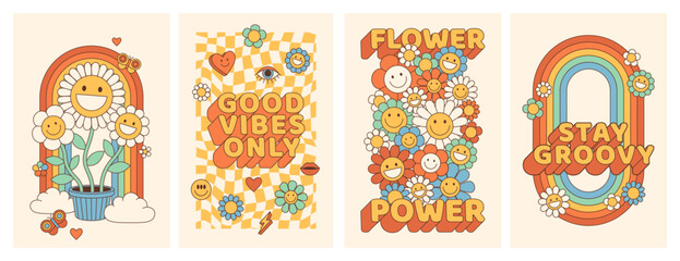 Groovy hippie 70s posters. Funny cartoon flower, rainbow, love, daisy etc. Vector cards in trendy retro psychedelic cartoon style. Vector backgrounds. Flower power. Stay groovy. Good vibes. - obrazy, fototapety, plakaty