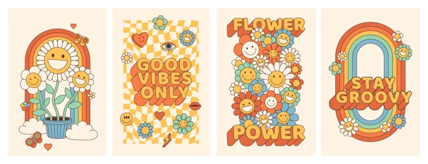 Fotobehang Vintage Poster Groovy hippie 70s posters. Funny cartoon flower, rainbow, love, daisy etc. Vector cards in trendy retro psychedelic cartoon style. Vector backgrounds. Flower power. Stay groovy. Good vibes.  © Martyshova