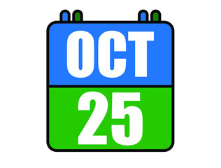 25 October calendar. Blue and green calendar page for October days. Vector isolated on white background.