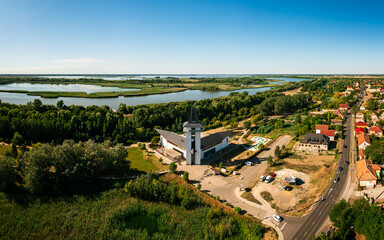 Turistical eco center of lake Tisza in Poroszlo city Hungary.  Hight quality aerial view with...