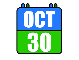 30 October calendar. Blue and green calendar page for October days. Vector isolated on white background.