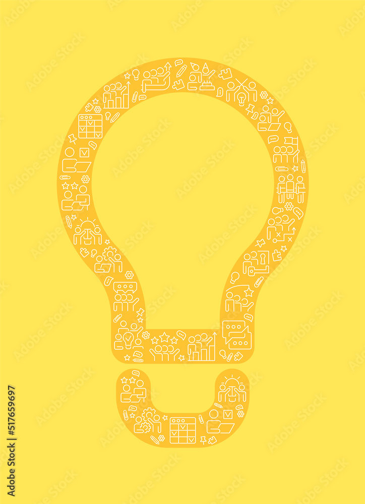 Poster teamwork pixel perfect shaped concept filled with editable linear icons. team interaction. lightbulb