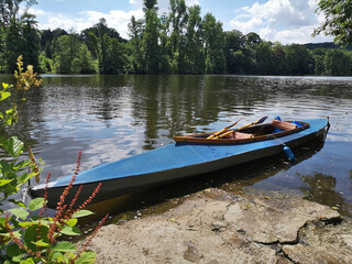 East German folding canoe on the river Ruhr near Essen Werden