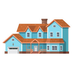 Two-storey residential bluehouse with brown roof and with garage isolated on white background.