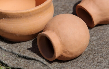 Clay jars at the market for food.