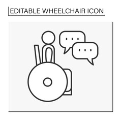  Rehabilitation line icon. Communication. Disabled person in a wheelchair. Handicapped man. Healthcare concept. Isolated vector illustration. Editable stroke