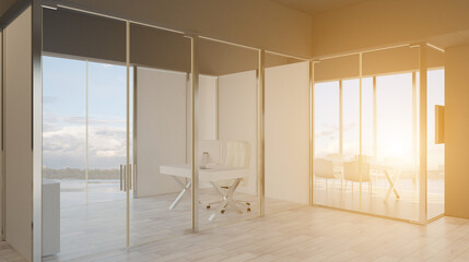 Sunset.. Modern office building interior. 3D rendering.