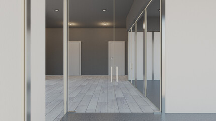 . Open space office interior with like conference room. Mockup. 3D rendering.