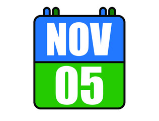 5 November calendar. Blue and green calendar page for November days. Vector isolated on white background.