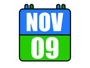 9 November calendar. Blue and green calendar page for November days. Vector isolated on white background.