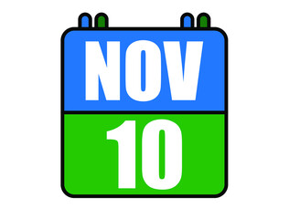 10 November calendar. Blue and green calendar page for November days. Vector isolated on white background.
