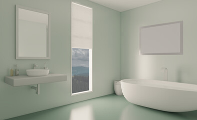 Fototapeta na wymiar Mockup. Empty paintings. Clean and fresh bathroom with natural light. 3D rendering.