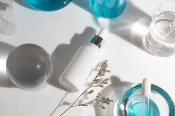 scientist and mockup tube bottle for skin care cosmetic , product branding, cream lotion treatment, laboratory room testing experimental