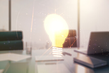 Creative idea concept with light bulb illustration and modern desktop with computer on background....