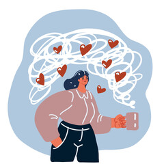 Vector illustration of woman holding coffee mug. Middle aged woman drinking tea while thinking. Relaxing and thinking while drinking coffee.